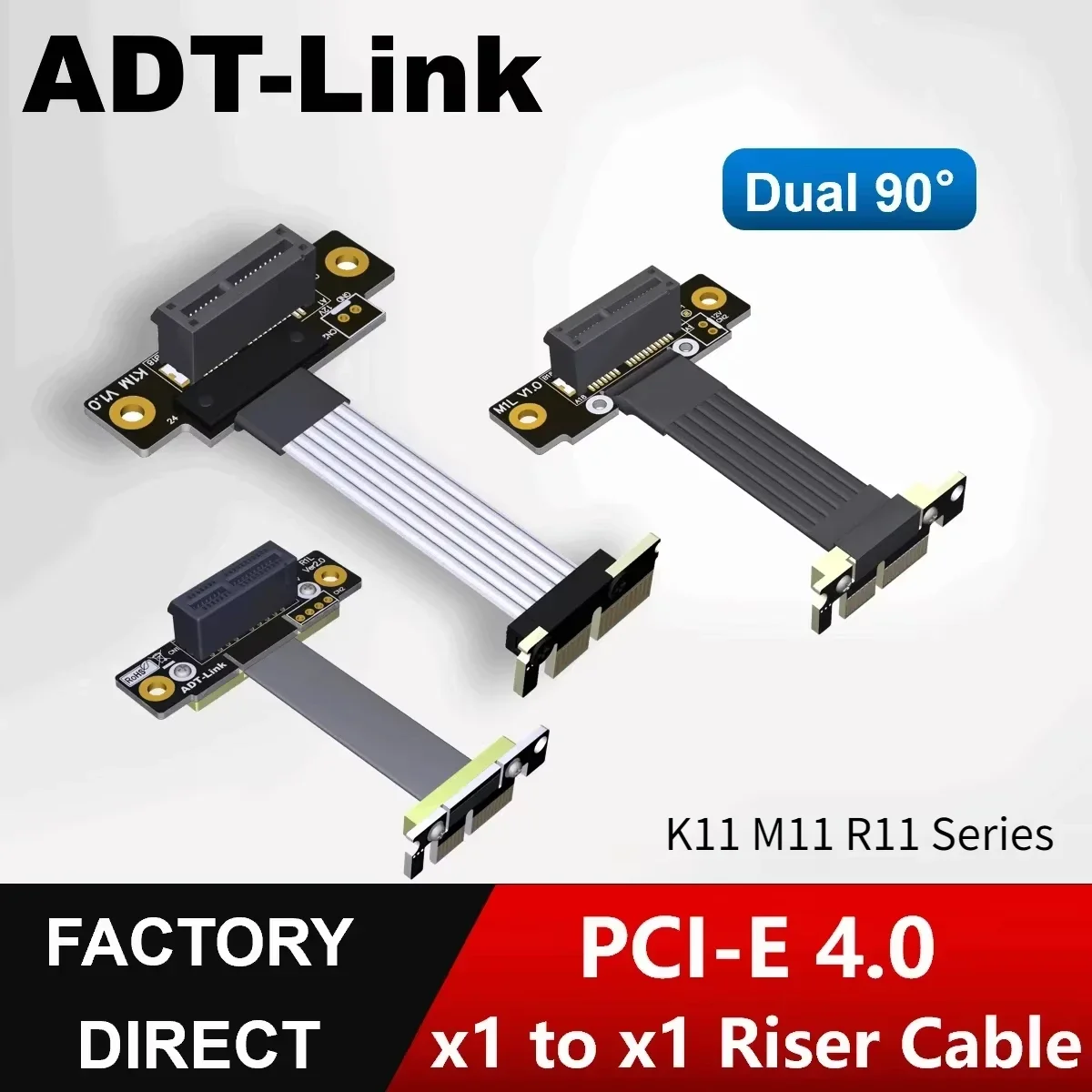 ADT-Link K11 M11 R11 4.0 Dual 90° Right-angle PCIE 4.0 x1 to x1 Riser Cable High Speed PCI Express 1x Graphics GPU Extender Gen4