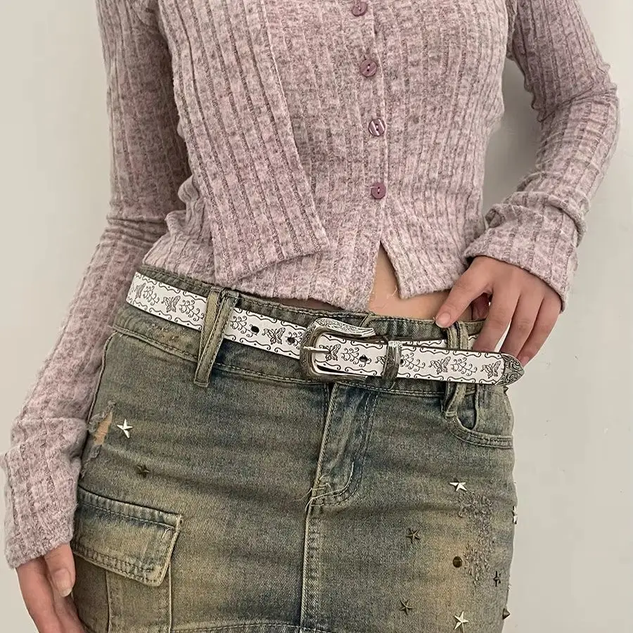 Ceinture en PU rétro gravée avec un motif papillon, boucle en métal de style western, ceinture décorative pour femmes