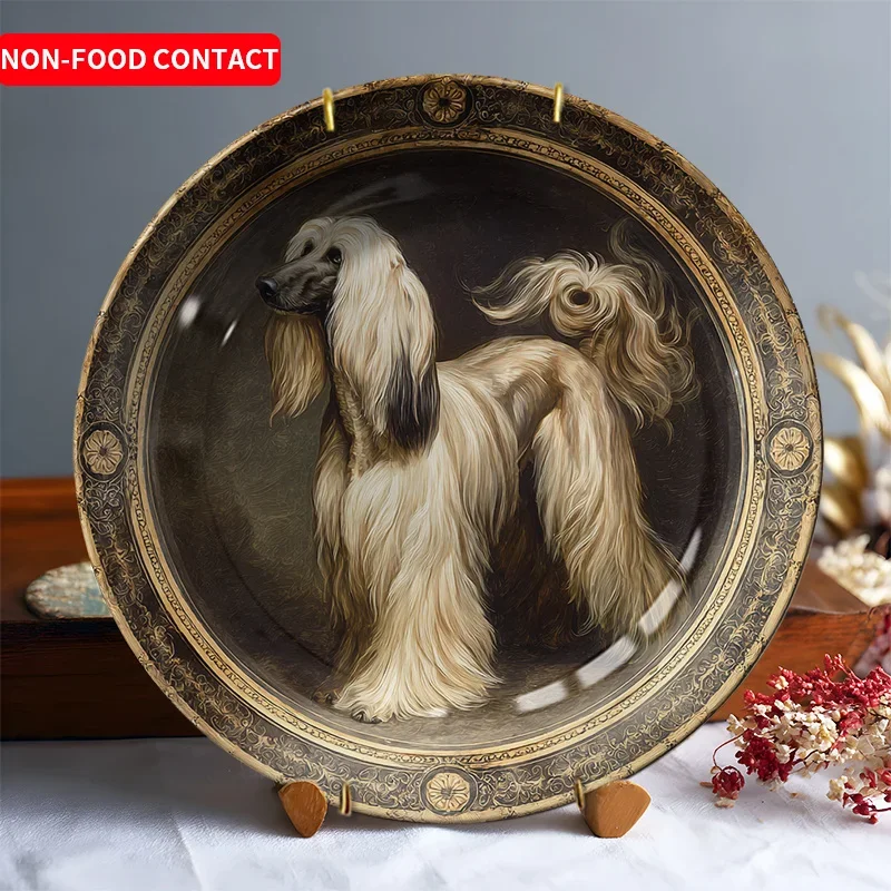 1pc Long-Haired Dog Ceramic Decorative Plate | Round Ceramic Plate with Artistic Painting Style, Non-Food Contact, Perfect for