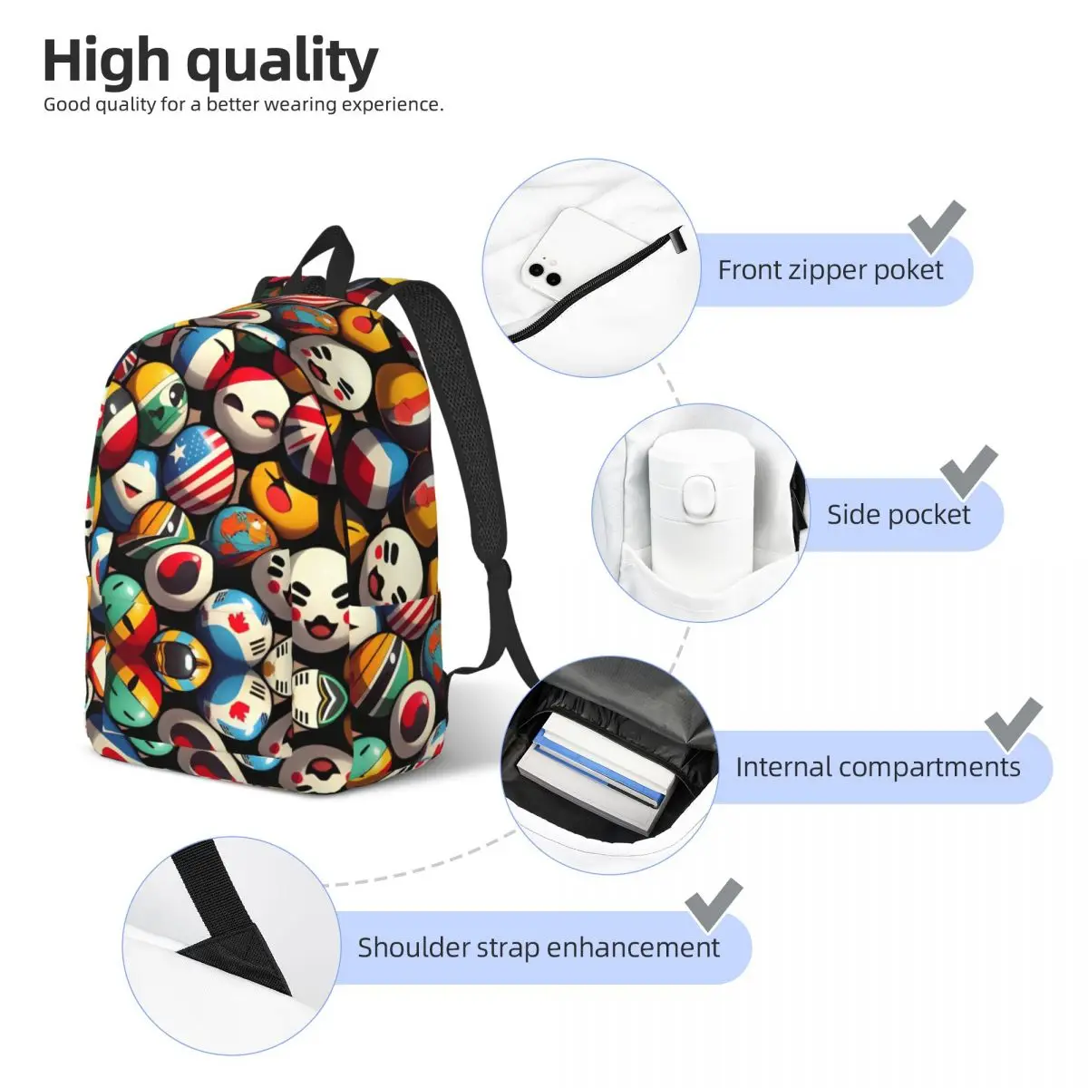 Countryball Cartoon Backpack for Kindergarten Primary School Student Countries Earth Cute Bookbag Boy Girl Kids Daypack Hiking