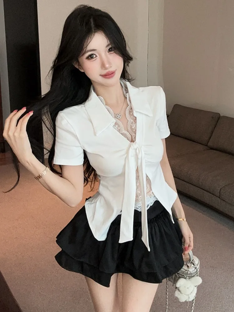

Summer Fashion Pure Desire Style Women's Short Sleeve T-Shirt And Puffy Skirt Set V-Neck Lace Trimmed Inner Wear Korean Version