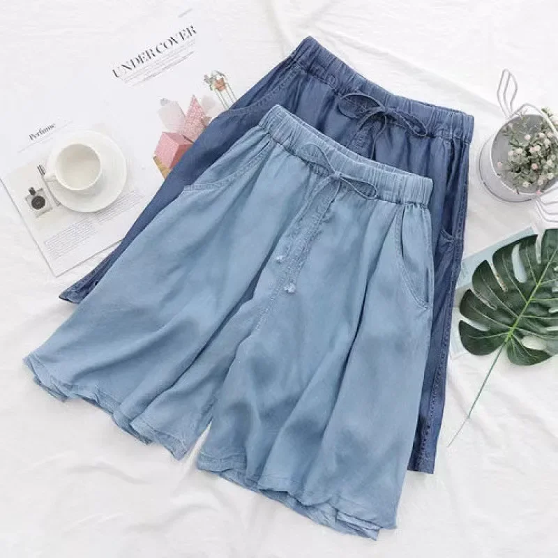 2024 Summer Women High Waist Denim Shorts Thin Oversized Short Pants Solid Color Ladies Casual Loose Shorts Fashion Streetwear