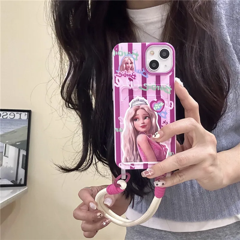 Pink Barbie Fashion Girl Card Holder Cover for iPhone 12 13 14 15 Pro Max Lanyard Barbies 15Pro 14Pro 13Pro Phone Case