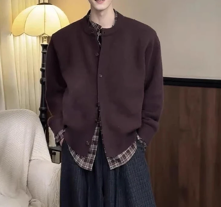 Plaid Splicing Fake Two-piece Sweater Men's 2026 New Lazy Style Jacket Shirt Stacked Inside Knitted Sweater