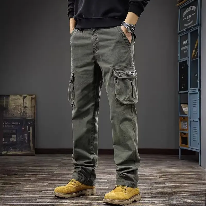 Men's Casual Workwear Pants Spring Autumn Straight Leg Cotton Trousers Multi-Pocket Durable for Construction Site Use