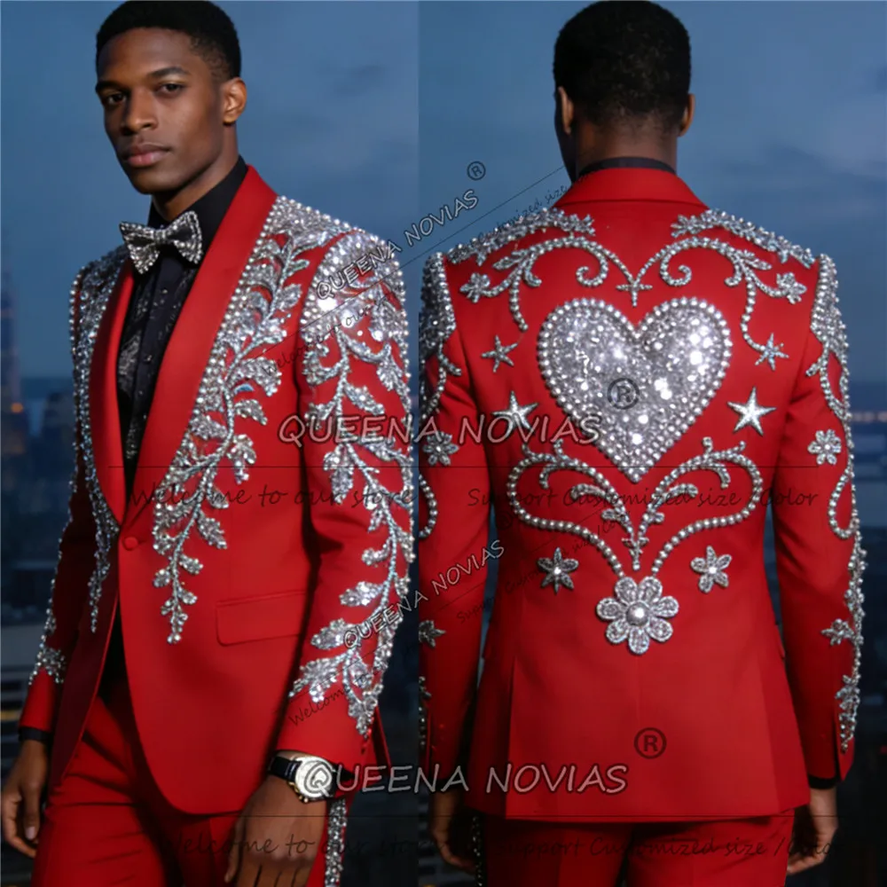 Exclusive Sliver Pearls Beaded Suit Men Slim Fit Single Breasted Jacket Pants 2 Piece Groom Banquet Tuxedos trajes para hombre