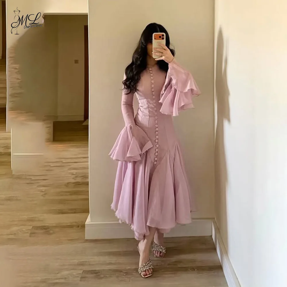 

ML Elegant Ruffle Cap Sleeves Evening Dress O-neck Button Tea-Length Robe Cérémonie Femme vestidos De Verano Customized New 2026