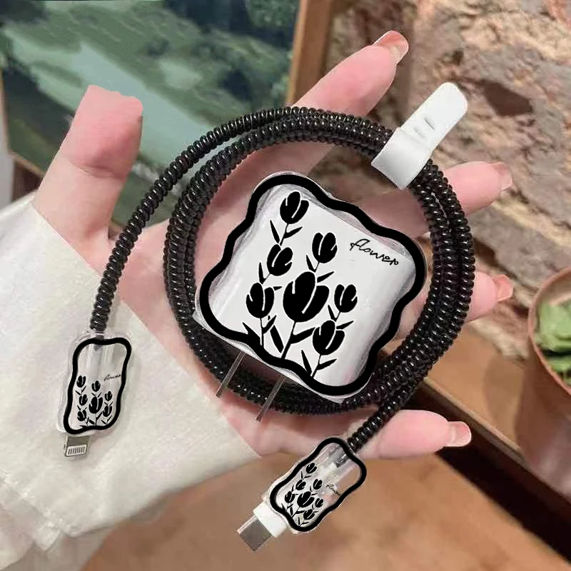 Cute Flower Case For Apple 18/20w Charger Protective Case is applicable To iPhone 11/13/12 Data Cable Head Bite Protector Shell