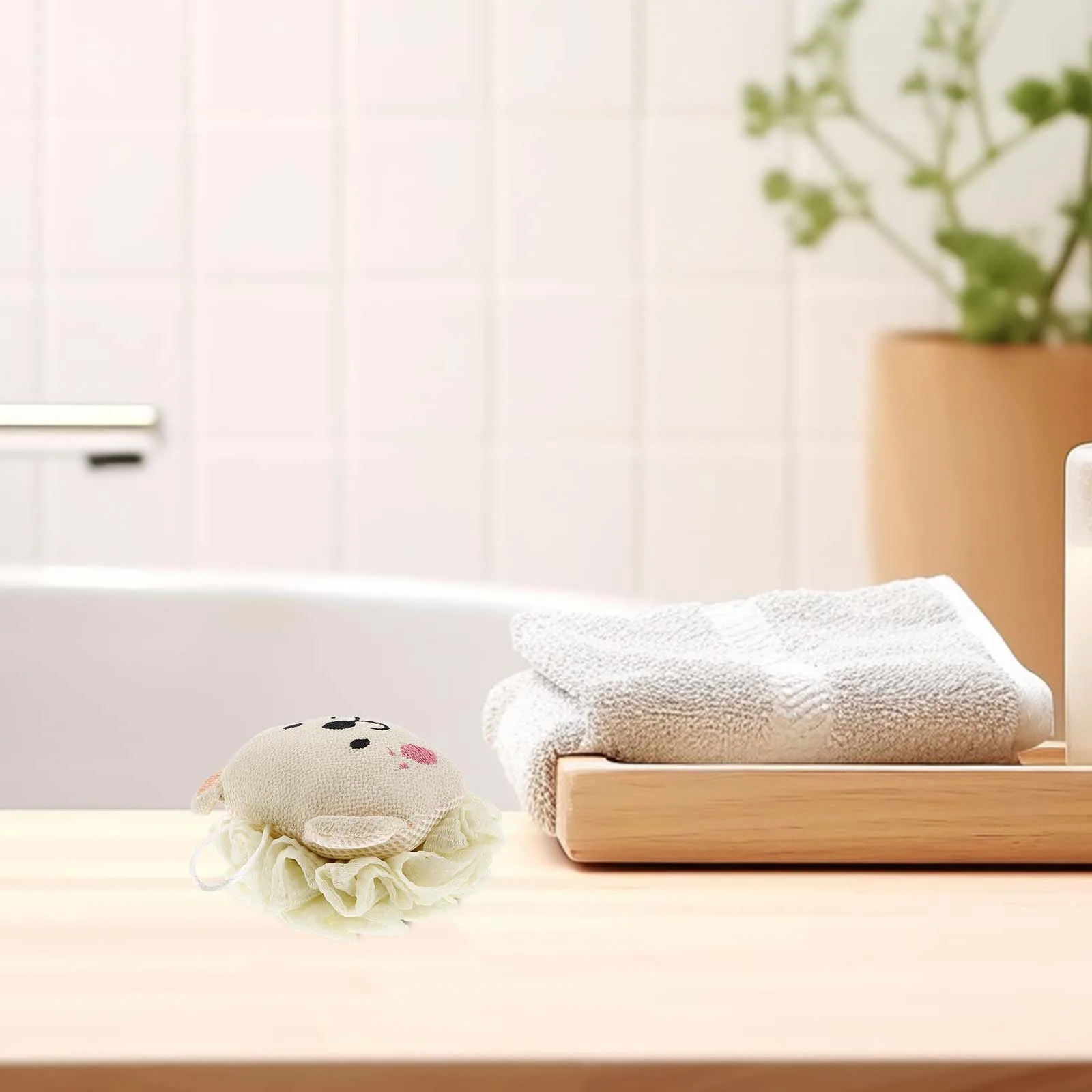 

Cartoon Lion Design Bath Pouf 2-in-1 Gentle Body Scrubber Soft Mesh Shower Loofah for Sensitive Skin Easy Lather Bath Sponge