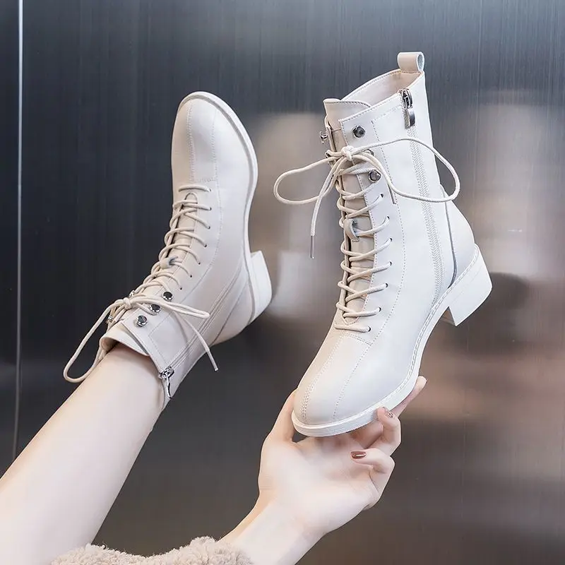 Short Shoes for Women Lace-up Footwear Elegant with Medium Heels Laces Female Ankle Boots Pointed Toe Booties Punk Style Combat