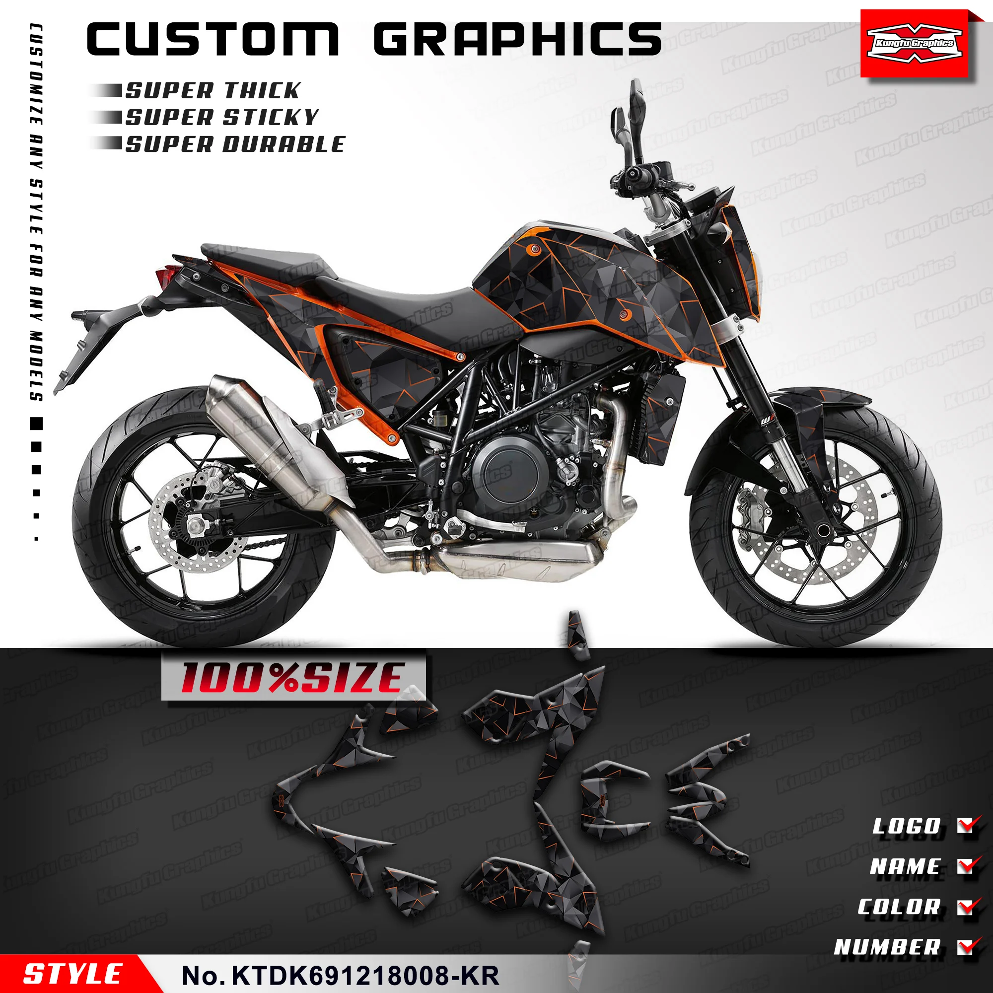 KUNGFU GRAPHICS Sticker Black Wrap Kit for Duke 690 2012 2013 2014 2015 2016 2017 2018, KTDK691218008-KR