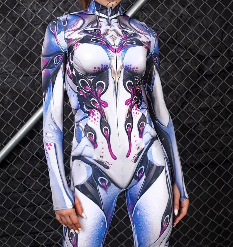 Erwachsenen-Sportanzug mit hoher Taille, Damen-Cosplay-Kostüm, sexy Anzug mit blauen Farbelementen, Muskel-Halloween-Bodysuit – Detail 4
