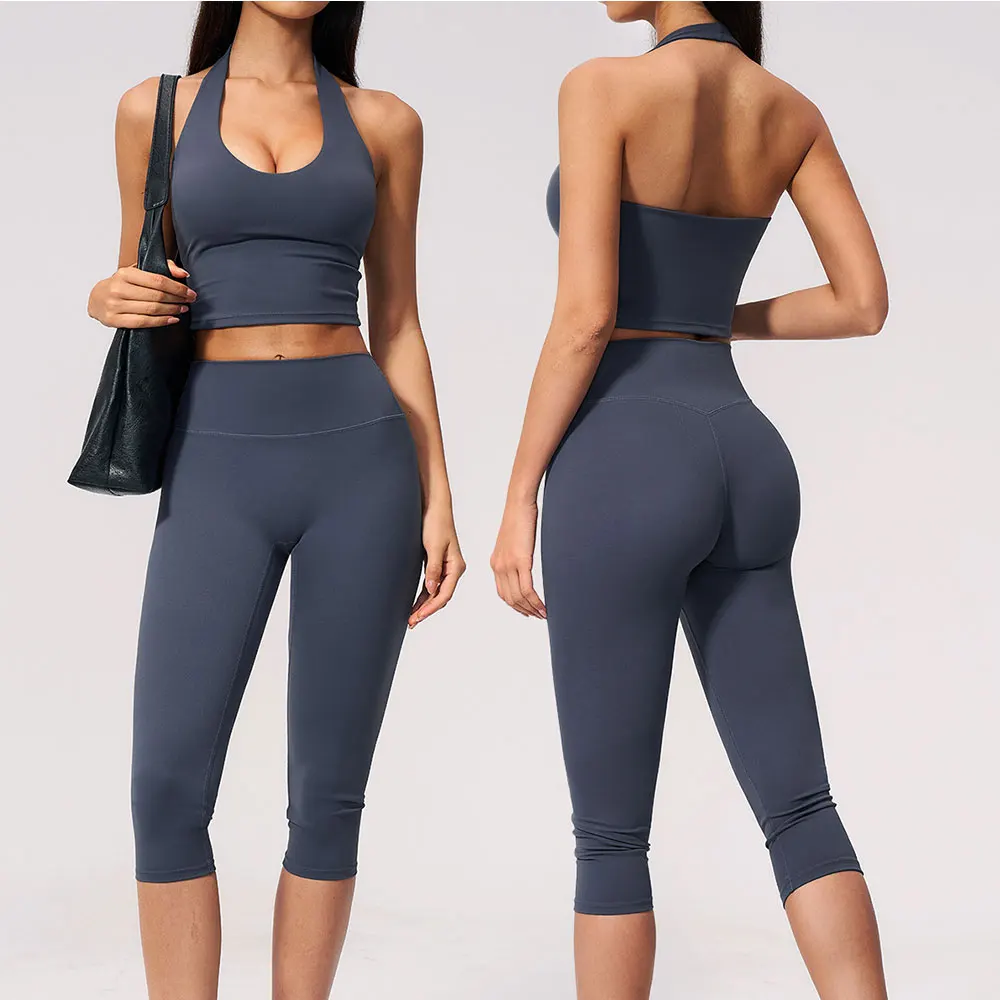 Gym Clothing Women Halter Yoga Tank Top Capri Leggings 2pcs Yoga Suit High Elastic Quick‑Dry Gym Running Training Sportswear