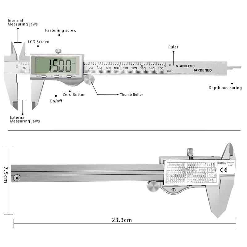 High Precision Stainless Steel Electronic Digital Vernier Calipers Measuring Tool 150mm/200mm/300mm with Large LCD Screen