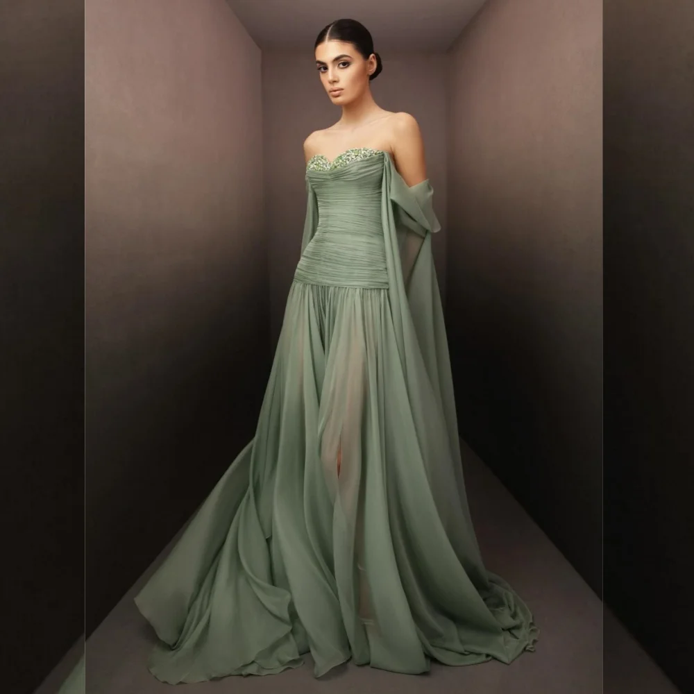 

Customized Sizes Available Chiffon Sequined Pleat A-line Off-the-shoulder Long Dresses Bespoke Occasion Retro