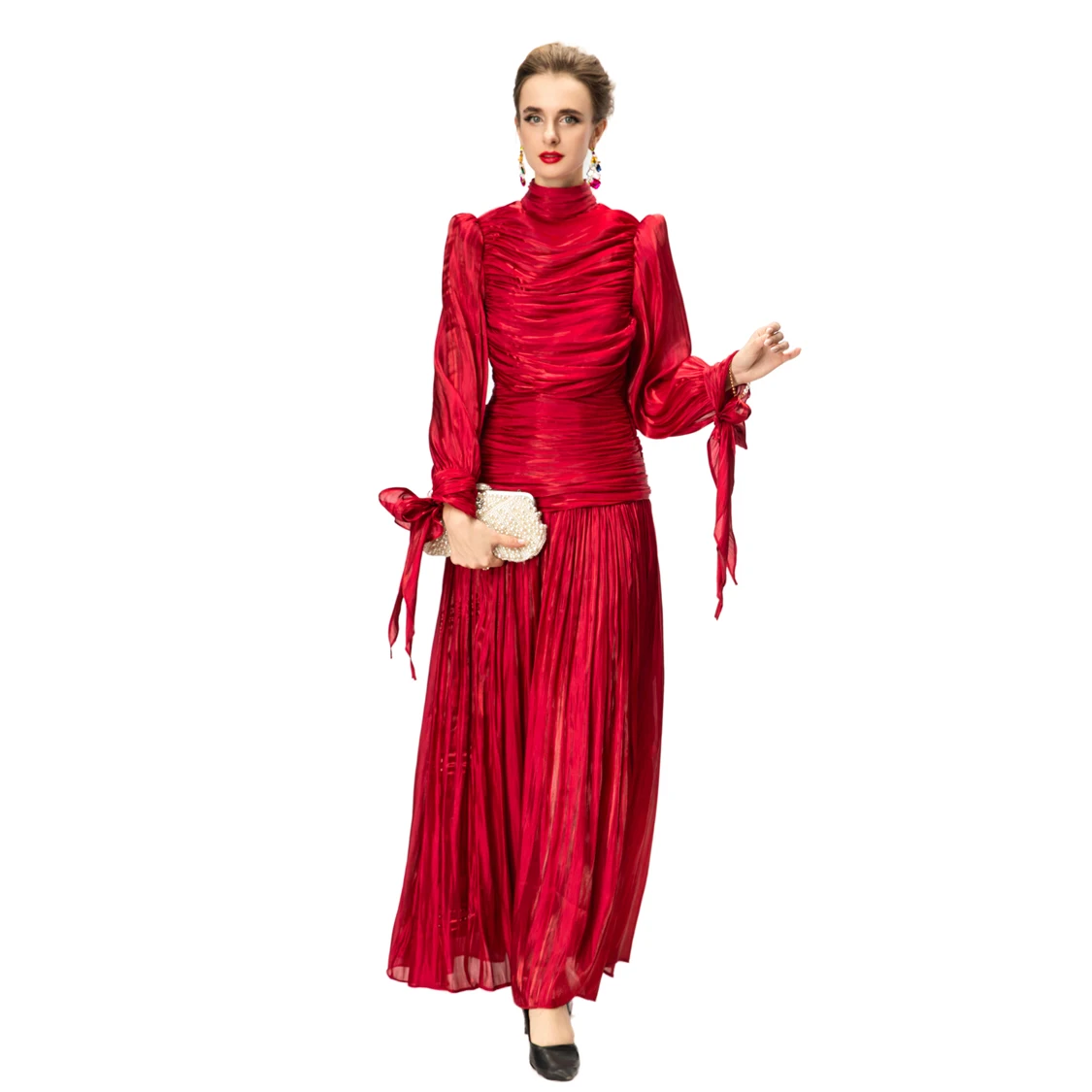 Abito da donna in raso rosso con collo alto e maniche lunghe, polsini, maxi abiti in vita pieghettati, abito da ballo per feste/eventi