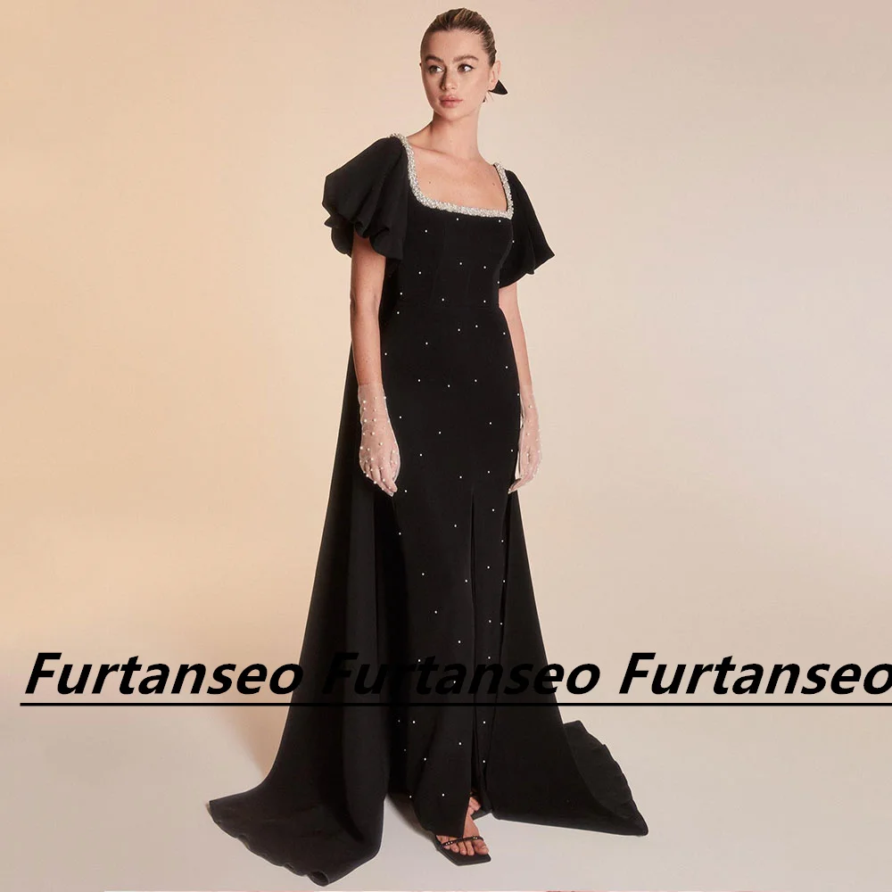 Vestido de baile preto acetinado para mulheres, manga curta com contas de cristal, sereia, ocasião formal