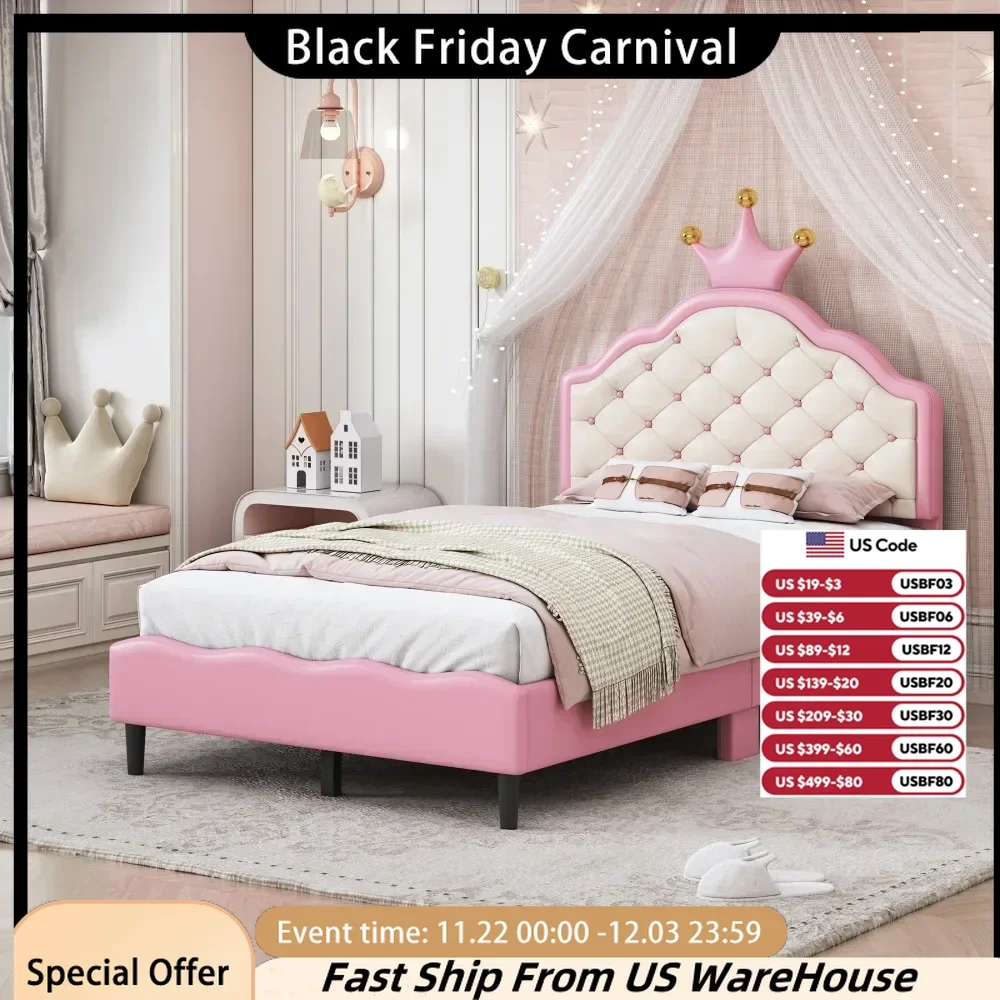 Upholstered Bed Frame with Crown Headboard, Wooden PU Leather Princess Bed with Button Tufted Headboard,Pink Beds for Girls