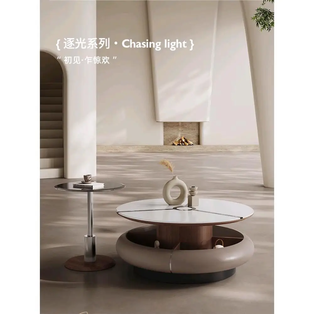 Italiaanse lichte luxe roterende microkristallijne steen klein appartement ronde salontafel combinatie crème wind eenvoudig