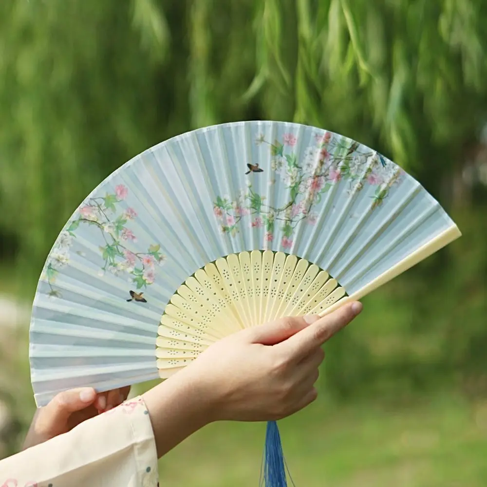Hanfu Accessories No Deformation Folding Fan Handmade Bamboo Handle Props Fan Ancient Style Handheld Wedding