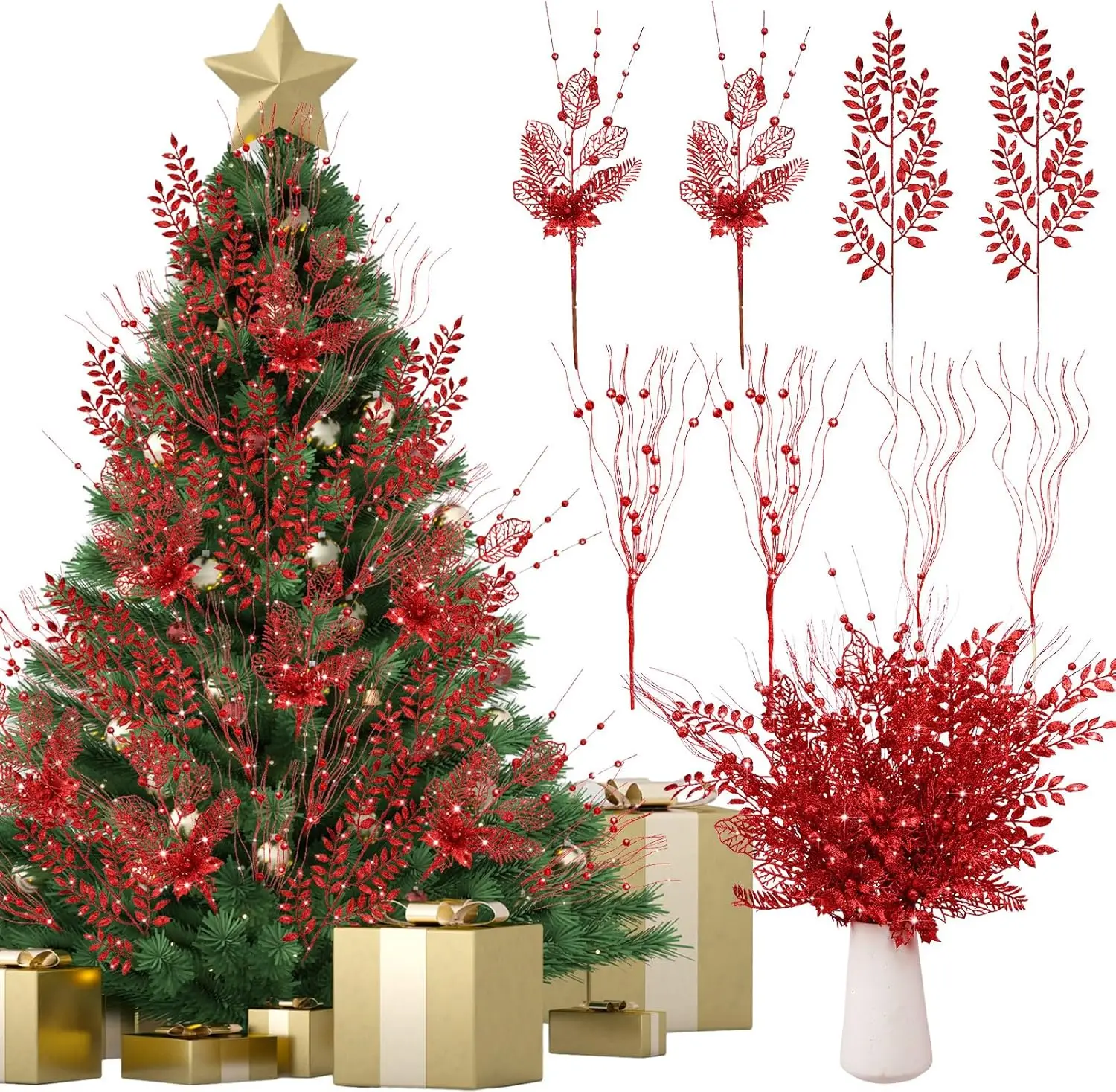 

40 упаковок красных рождественских ветвей, 17,5 футов, искусственные ветки пуансеттии для наполнителя деревьев и венок своими руками