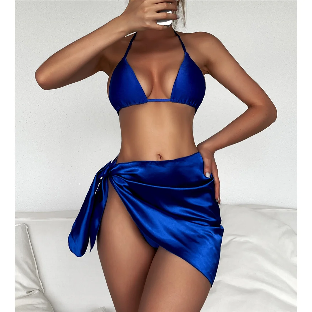 Sexy Neckholder-Bikini mit Sarong, Damen-Badeanzug, dreiteiliges Bikini-Set, gepolsterter Badeanzug, Badebekleidung für Damen, V3243 – Detail 2