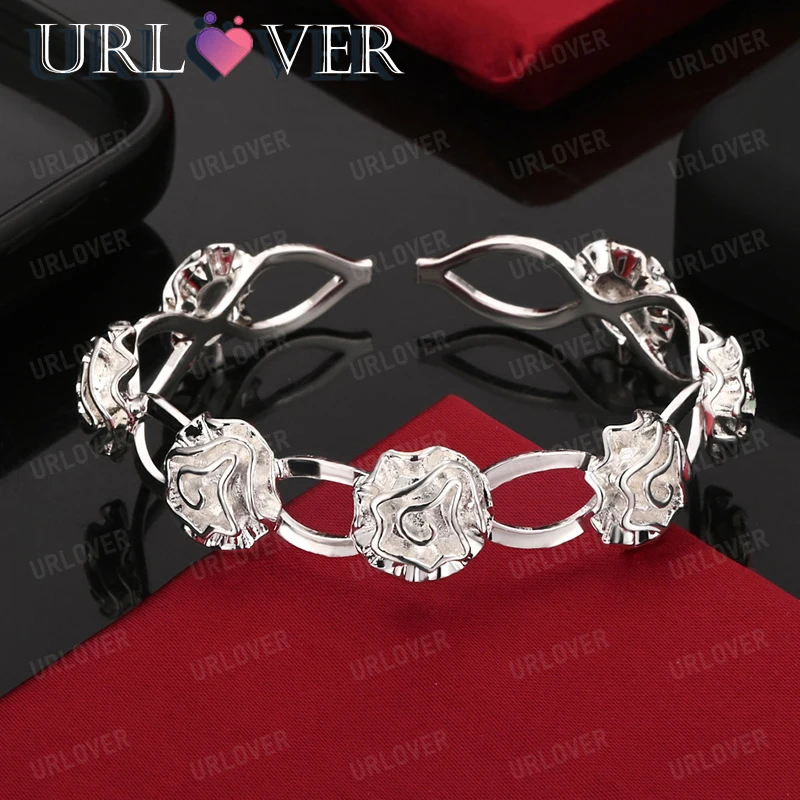 

925 Sterling Silver Flower Shaped Bangle Valentine's Day Gift Women Wedding Pretty Accessories Birthday Party Fashion Jewelry