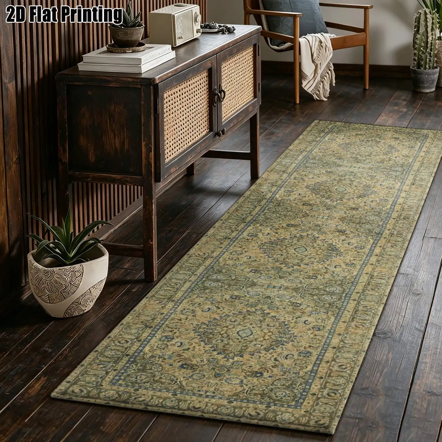 1Pc 2D Printed Long-Strip Running Track Carpet: Retro Blue & Brown Geometric Pattern, European/Bohemian Simple Style, Home Decor, Multiple Sizes, Machine Washable, for Entrance, Hallway, Living Room, Bedroom