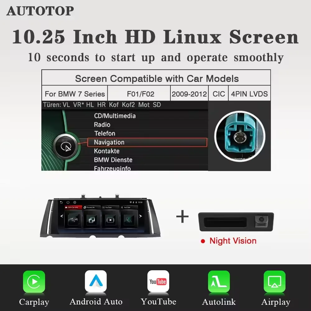 10.25“ Draadloze CarPlay Android Auto Auto Multimedia Speler voor BMW 7 Serie F01 F02 F03 F04 CIC NBT voor YouTube BT GPS Radio