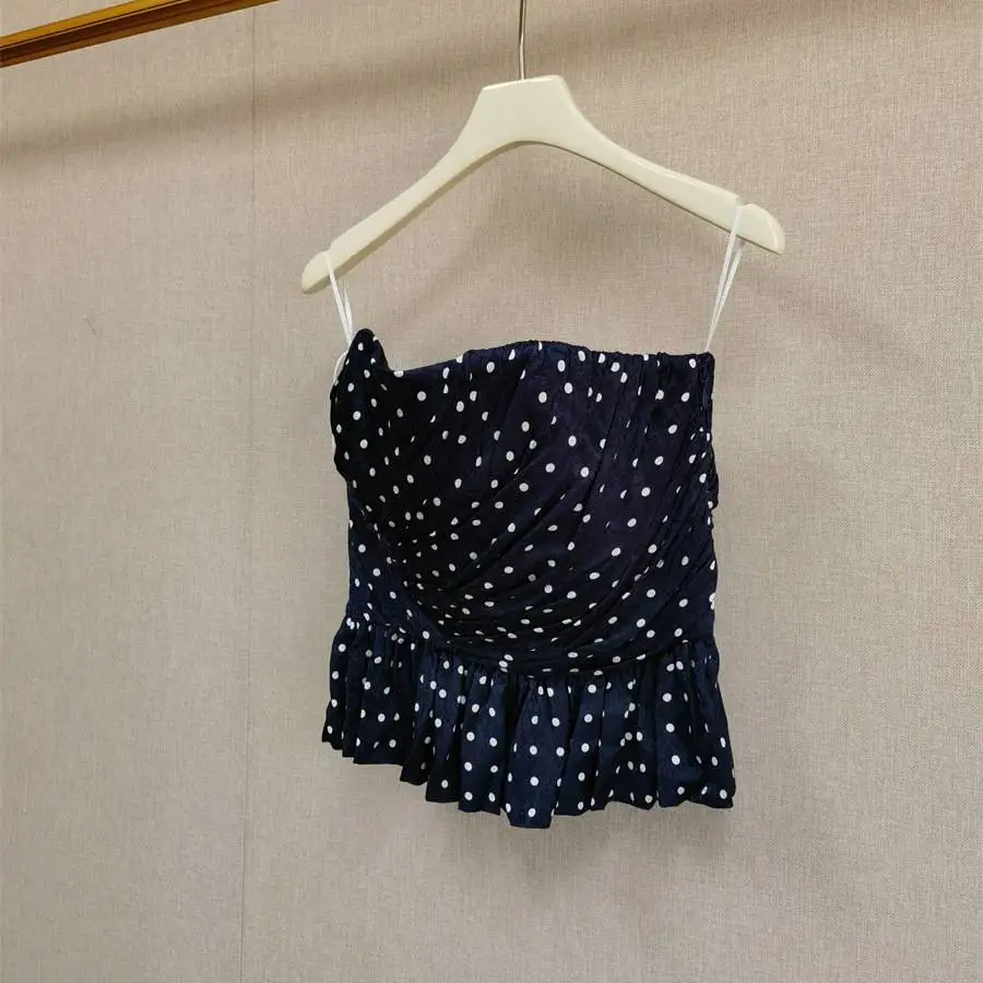 

Summer Polka Dot Waist-Cinching Ruffle Trim Crop Top Women's Slim Fit Bandeau Vest Short Length Fashionable Chinese Design