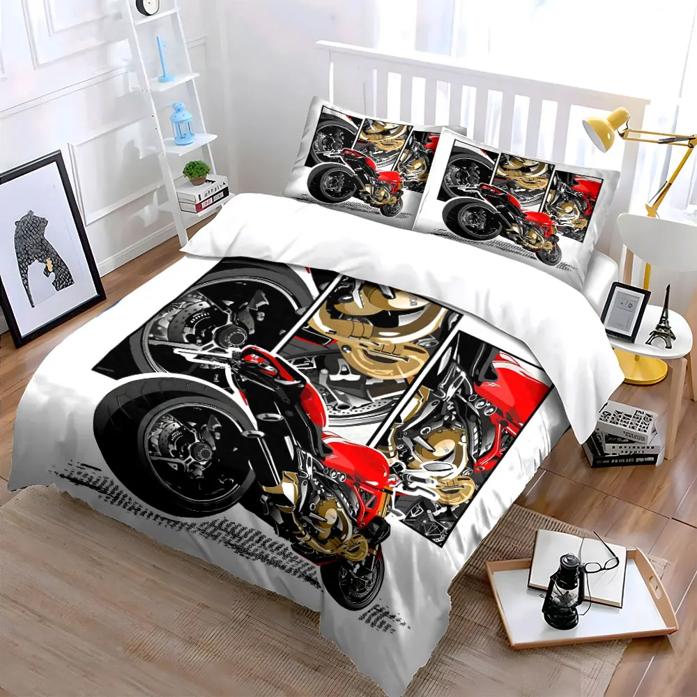 Red sports motorcycle with mechanical details Bedding Set for Kids Luxury Gift 3pcs Digital Print Comforter Set Soft Breathable