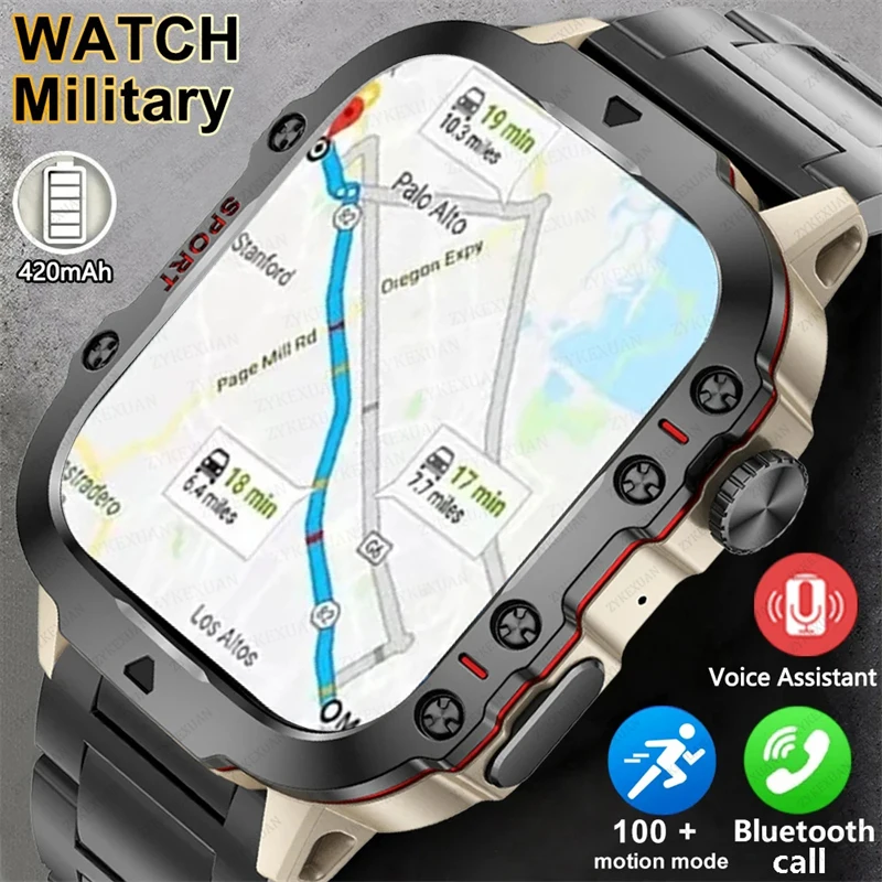 For Android IOS Rugged Military Smart Watch Men's Ftiness Watches IP68 Waterproof 2.01'' AI Voice Bluetooth Call Smartwatch 2024