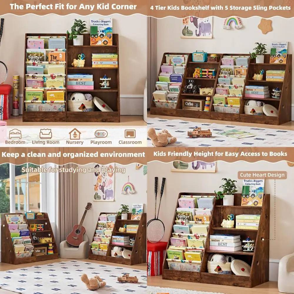 

4-Tier Wooden Children's Bookshelf with Storage, Kids' Book Organizer for Playroom, Bedroom, Classroom, and Nursery (Brown)