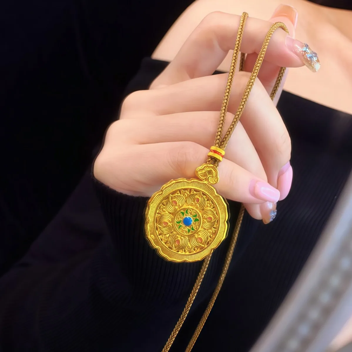 luxury real gold jewelry 24k certifid palace enamel Ruyi compass pendant diamond rotating compass necklace women's sweater chain