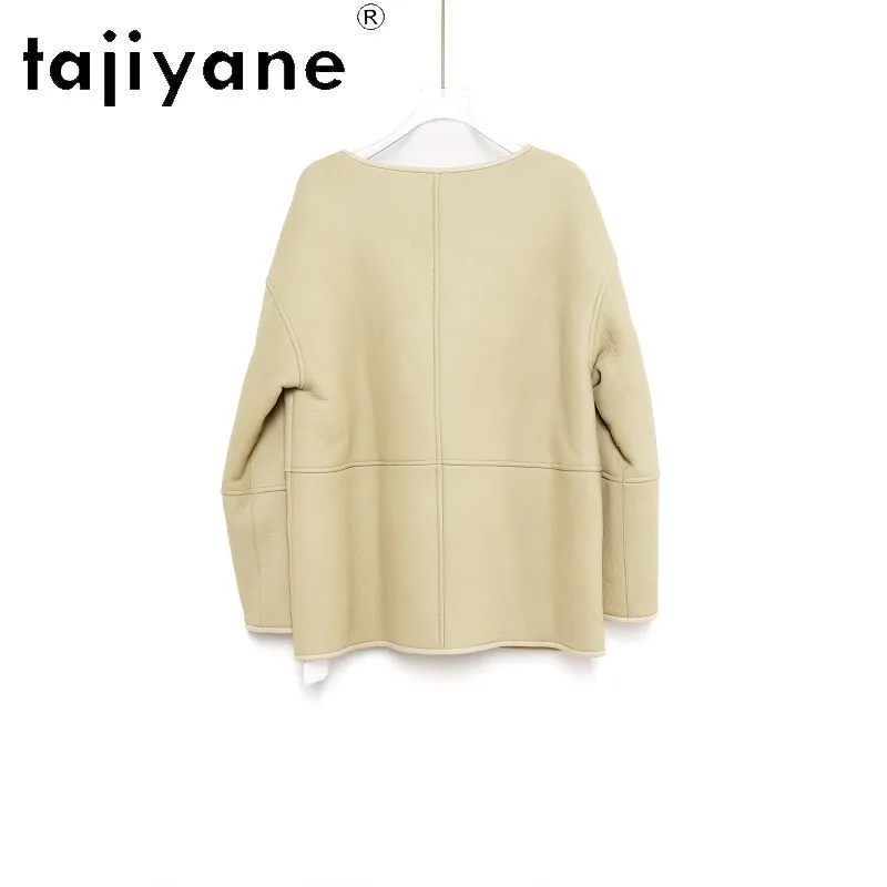 TAJIYANE Merino Sheep Shearling Real Fur Coat Woman Round Neck Leather Buckle Jackets for Woman Loose Fur Jacket Шуба Женская