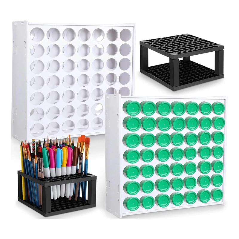 Best 3 Pcs Paint Organizer Set 49 Holes Craft Paint Storage Rack Vertical Paint Rack 2 Oz Paint Bottle Desk Stand For Pens