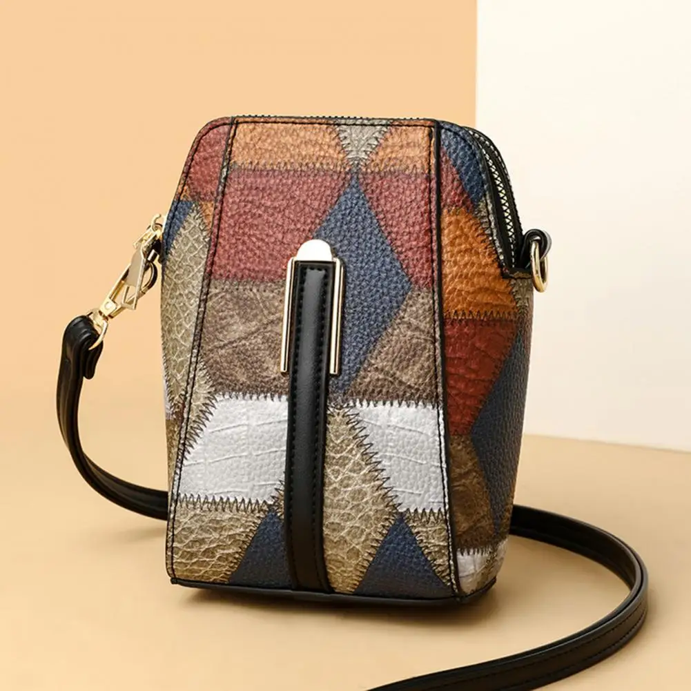 Travel Shoulder Bag Geometric Patchwork Colorblock Women's Shoulder Bag Vintage Style Double Layers Detachable Strap for Commute