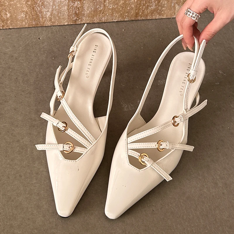 Ladies Heels Shoes Luxury Female Fashion Metal Buckle Sandals Pumps Spring Women Med Heels 2024 Footwear Pointed Toe Shoes