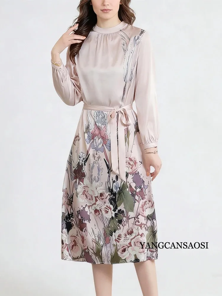 2026 Women's Fashion Spring/Autumn New 91.8% Natural Mulberry Silk Elastic Satin Stand-up Short Sleeve Printed Party Dress