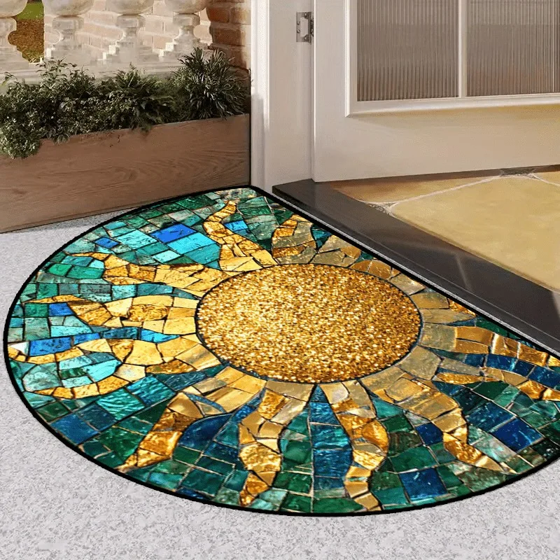 1 tapis demi-rond Golden Sun Mosaic pour usage intérieur, un tapis d'entrée élégant avec un thème créatif, tapis de sol, tapis de porte pour la maison