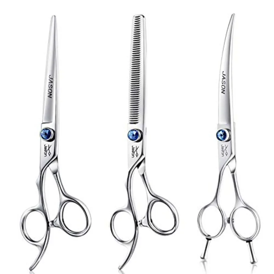 

Left Handed 7 Dog Grooming Scissors Set: Stainless Steel, Silver, Ergonomic Offset Handle Jeweled Screw for Blending, Curved, S