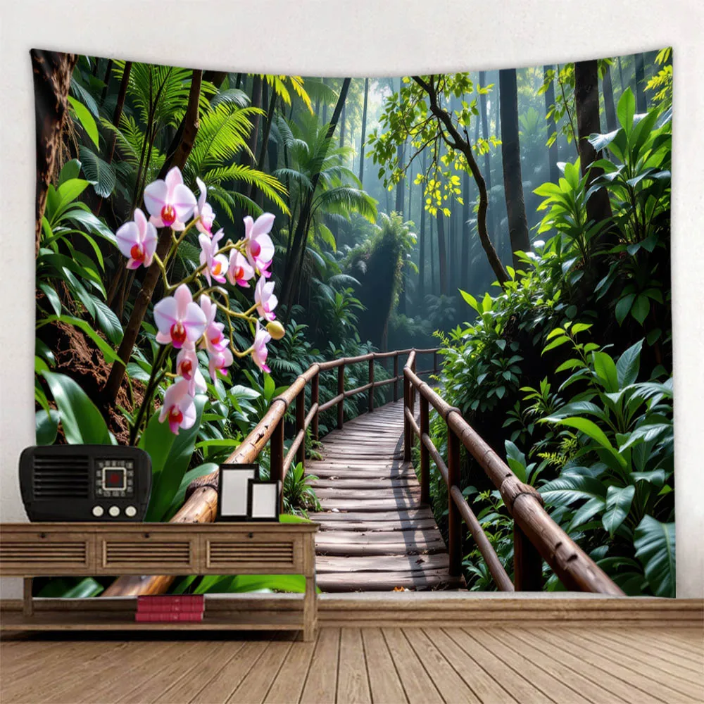 Jungle Landscape Tapestry Wall Hanging Cloth Aesthetic Forest Background Decor for Living Room Bedroom Primitive Art Poster