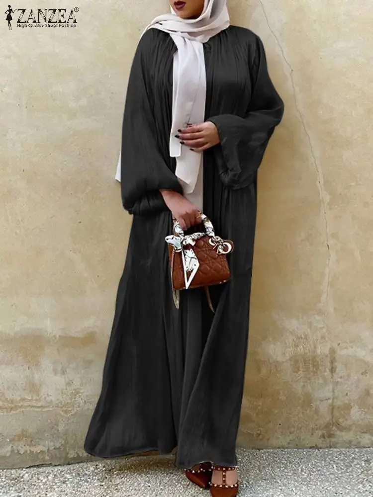 ZANZEA Elegant Puff Sleeve Muslim Kimono Women Solid Color Casual Islam Clothing Ramadan Abaya Cardigan Vintage Holiday Dress