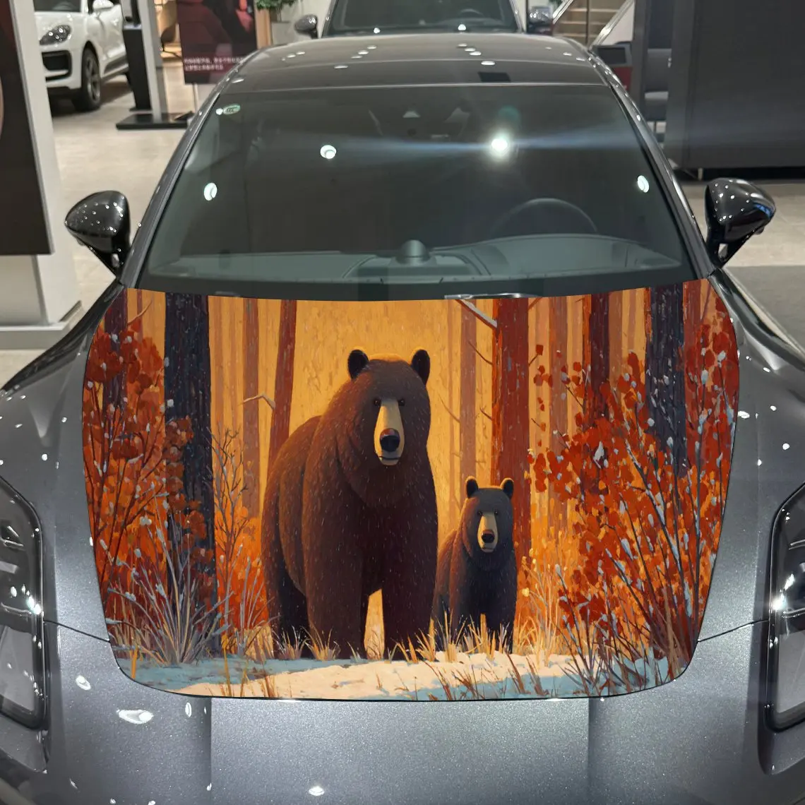

Bear Family Autumn Natural PVC Car Hood Wraps, Self-Adhesive Waterproof Car Bonnet Decal Sticker, Car Decoration Protection Stic