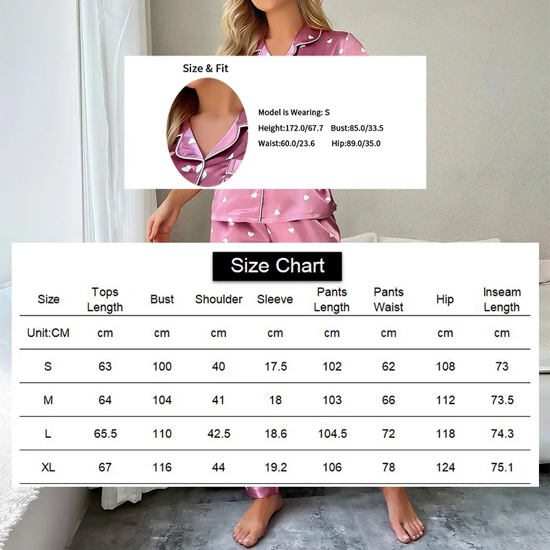 Women\'s Sleepwear Heart Print Satin Pajama Set Casual Short Sleeve Buttons Lapel Top & Pants Pajamas Soft Home Clothing Pyjamas