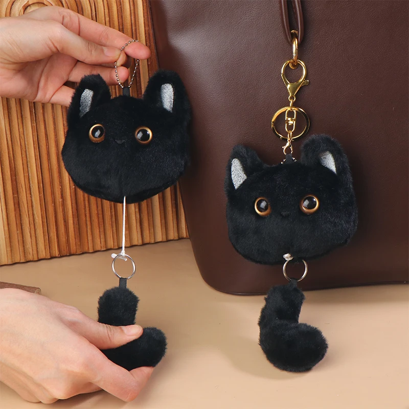 Gato preto dos desenhos animados brinquedo de pelúcia puxar cauda animal gatos macio pelúcia boneca pingente chaveiro do carro mochila saco decoração presente do miúdo