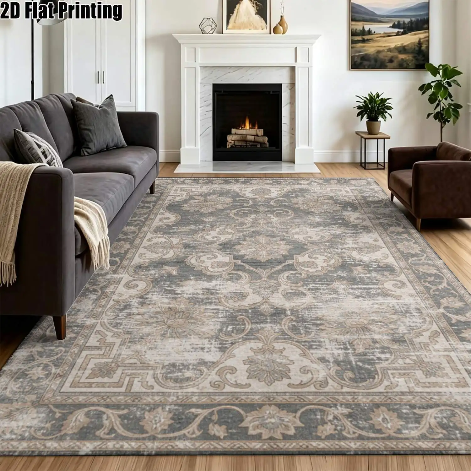 1Pc 2D Printed Retro Brown Blue Floral Carpet: European-Style Home Decor Rug, Machine Washable, Multi-Size for Entryway/Dining/Living/Bedroom Etc