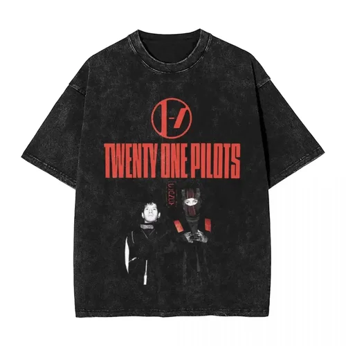 Imagen 1 del producto Camiseta con estampado estampado en caliente lavada, Twenty One Pilots, mujeres, hombres, Unisex, Harajuku, Camiseta de algodón de gran tamaño, camisetas de manga corta