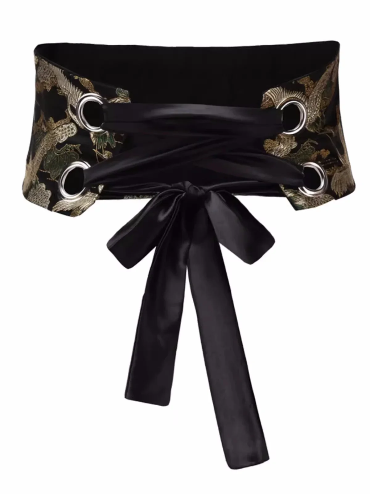 Cintura larga da donna in stile retrò, gru di colore nero con stampe per tutte le partite, cintura per abiti, kimono Obi, accessori Hanfu
