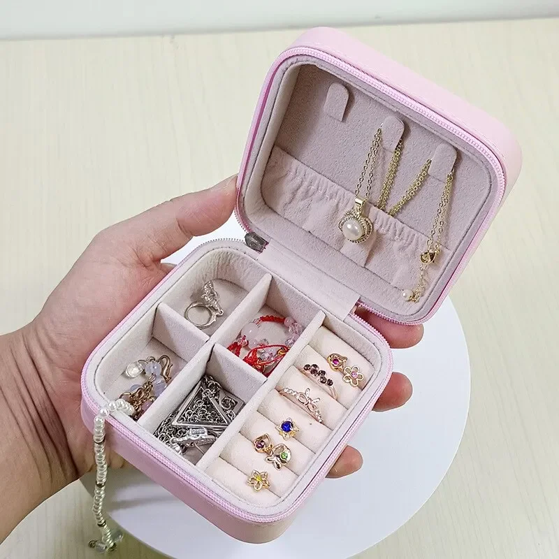 Solid Color Jewelry Organizer Leather Square Small Round Box Ring Earrings Portable Travel Jewelry Storage Bag